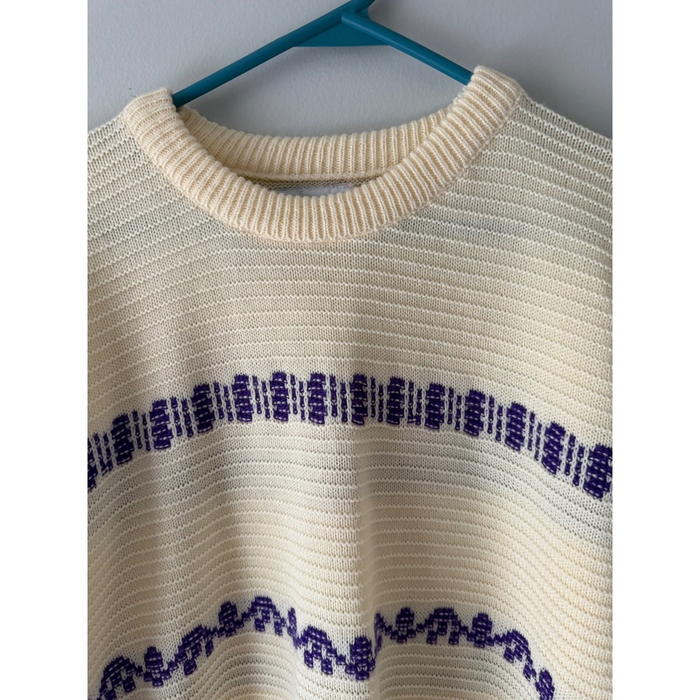 Vintage American Pride Crew Neck Knit Sweater Cream Purple Stripes Made in USA L - Picture 6 of 9